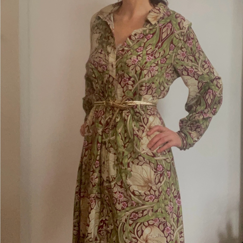 Green and Red Midi Dress with Notched Collar and Bishop Sleeves